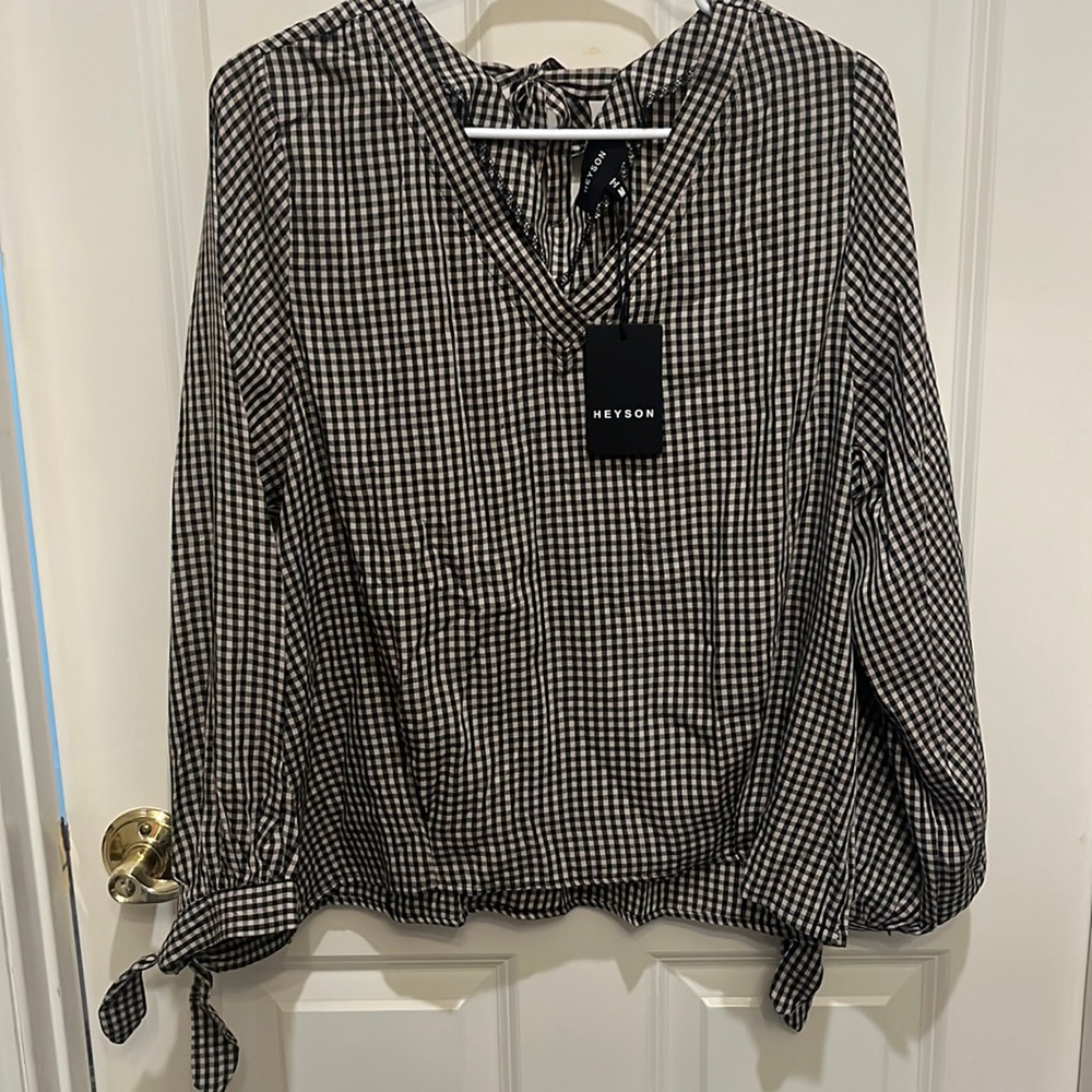 Heyson brand blouse top sz medium m black tan cream gingham bnwt ties